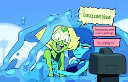  2girls alien blonde_hair car colored_skin commentary discount-supervillain english_commentary face_shield forehead_jewel gem_(steven_universe) green_skin grimace_shake_(meme) homeworld_gem_uniform hydrokinesis lapis_lazuli_(steven_universe) meme motor_vehicle multiple_girls open_mouth peridot_(steven_universe) short_hair smile speech_bubble steven_universe triangle-shaped_hair water 