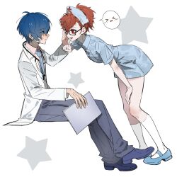  >_< 1boy 1girl bespectacled black-framed_eyewear blue_dress blue_eyes blue_hair blue_necktie blush collared_dress collared_shirt doctor dress full_body glasses hat highres holding index_finger_raised kneehighs komari0406 lab_coat leaning_forward long_sleeves looking_at_another necktie nurse nurse_cap open_mouth pants persona persona_3 persona_3_portable ponytail red_eyes red_hair shiomi_kotone shirt shoes short_dress short_hair short_sleeves simple_background sitting smile socks speech_bubble star_(symbol) stethoscope white_background white_socks wing_collar yuuki_makoto_(persona_3) 