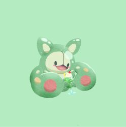 cherry cocktail_glass commentary_request cup drinking_glass food fruit green_background highres ice_cream no_humans open_mouth pokemon pokemon_(creature) pokemon_focus reuniclus ruru_hlkun simple_background solid_oval_eyes solo 