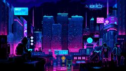  air_conditioner animated animated_gif computer controller cyberpunk flying_car highres jacket neon_lights pixel_art pixel_jeff republic_of_gamers robot sitting skateboard standing 