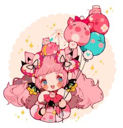  1girl animal-shaped_balloon animal_ears animal_on_head balloon bell blue_eyes blush_stickers bow bowtie coat curly_hair fur-trimmed_coat fur_trim hair_bell hair_bow hair_ornament highres holding holding_balloon littlebluemuffin long_hair long_sleeves multiple_hair_bows no_pupils on_head open_mouth original overalls pig pig_ears pig_girl pig_hair_ornament pink_coat pink_hair pink_overalls pink_sleeves puffy_long_sleeves puffy_sleeves red_bow red_bowtie short_eyebrows smile sparkle thick_eyebrows upper_body white_background 