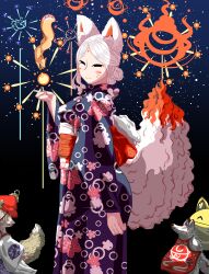 10s 1girl absurdres aerial_fireworks animal_ear_fluff animal_ears blue_kimono blush_stickers commentary_request cowboy_shot facial_mark festival fireworks floral_print fox fox_ears fox_girl fox_tail from_side half-closed_eyes highres holding holding_fireworks japanese_clothes kimono large_tail looking_at_viewer night obi original owariharumaki print_kimono profile sash short_eyebrows smile solo_focus sparkler summer_festival tail thick_eyebrows whisker_markings white_hair yukata