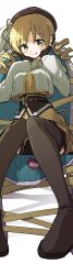 1girl absurdres black_thighhighs blonde_hair blush breasts brown_corset brown_hat candeloro capelet chair closed_mouth corset dress drill_hair full_body hat hat_feather highres kootee-on looking_at_viewer magical_girl mahou_shoujo_madoka_magica mahou_shoujo_madoka_magica:_walpurgis_no_kaiten mahou_shoujo_madoka_magica_portable medium_breasts ribbon short_hair simple_background sitting solo thighhighs tomoe_mami tomoe_mami_(magical_girl) tongue tongue_out twin_drills white_background white_capelet yellow_dress yellow_eyes yellow_ribbon