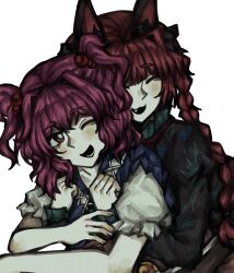  2girls animal_ear_fluff animal_ears bell black_bow blush bow braid cat_ears closed_eyes commission commissioner_upload cropped_torso dress fang frilled_sleeves frills green_dress hair_bobbles hair_bow hair_ornament highres hug hug_from_behind kaenbyou_rin long_hair long_sleeves looking_to_the_side lower_teeth_only multiple_girls multiple_hair_bows non-web_source one_eye_closed onozuka_komachi open_mouth pink_hair puffy_short_sleeves puffy_sleeves red_eyes red_hair short_hair short_sleeves simple_background smile teeth touhou two_side_up umbrie very_long_hair watermark white_background 
