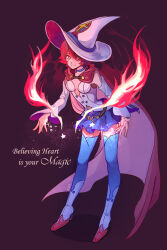  1girl blue_skirt blue_thighhighs boots breasts bright_pupils cape closed_mouth commentary english_commentary english_text eyelashes fire full_body hat high_heel_boots high_heels highres little_witch_academia mono_(bluesky) purple_background red_cape red_eyes red_fire red_hair shiny_chariot shirt short_hair simple_background skirt smile solo split_mouth standing star_(symbol) thigh-highs white_boots white_hat white_pupils white_shirt witch_hat 