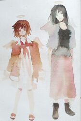  2girls abstract angel angel_wings black_boots black_eyes black_hair black_shirt boots brown_eyes brown_jacket collar commentary denim denim_jacket double-parted_bangs dress flip-flops fur-trimmed_jacket fur_trim haibane_renmei halo highres iskelly231764 jacket light_smile long_hair long_skirt messy_hair multiple_girls neckerchief open_clothes open_jacket orange_sailor_collar painting_(medium) rakka_(haibane_renmei) red_neckerchief red_skirt reki_(haibane_renmei) sailor_collar sandals shirt short_hair skirt standing traditional_media untranslatable_commentary watercolor_(medium) white_background white_collar white_dress wings 