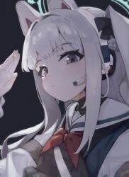  1girl absurdres animal_ear_headphones animal_ears armband blue_archive blue_halo blue_serafuku bow bulletproof_vest closed_mouth commentary fake_animal_ears hair_bow hair_intakes halo headphones highres ll_dal long_hair looking_at_viewer microphone miyako_(blue_archive) one_side_up ponytail portrait rabbit_ear_headphones rabbit_ears red_bow sailor_collar salute school_uniform serafuku solo tactical_school_uniform turtleneck violet_eyes white_hair white_sailor_collar 