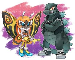  1boy 1girl absurdres annoyed antennae aqua_eyes aqua_shoes arthropod_girl artist_logo artist_name beak black_fur black_sclera black_shoes black_vest bracelet brown_fur clawed_hands colored_eyelashes colored_sclera commentary crossed_arms english_commentary fang fang_out fangs full_body furry furry_female furry_male godzilla godzilla_(series) green_scales grey_shoes happy high_heels highres insect_wings jewelry lilroundpumpkin logo looking_at_viewer mane monster_boy monster_girl moth_girl moth_wings mothra mothra_(monsterverse) multicolored_fur multicolored_shoes orange_fur orange_skirt original parody partial_humanization personification popped_collar pumpkin red_eyes reptile_boy shoes skirt sleeveless smile sneer snout sonic_(series) spiked_bracelet spikes standing striped_clothes striped_skirt style_parody tail thick_eyelashes torn_vest two-tone_shoes two-tone_skirt vest white_eyelashes white_fur white_skirt wings yellow_fur yellow_sclera 