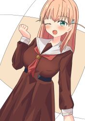  1girl :d ;d absurdres aqua_eyes breasts brown_background brown_dress clenched_hand cowboy_shot dress hair_ornament hasu_no_sora_school_uniform highres hinoshita_kaho hisho_(rythm_hisho) large_breasts long_sleeves looking_at_viewer love_live! love_live!_hasu_no_sora_jogakuin_school_idol_club medium_hair neckerchief one_eye_closed open_mouth orange_hair rabbit_hair_ornament red_neckerchief sailor_collar sailor_dress school_uniform smile solo two_side_up virtual_youtuber white_sailor_collar winter_uniform 