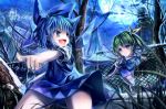  2girls bare_tree blue_eyes blue_hair bow cirno daiyousei fairy_wings green_hair hair_bow moon multiple_girls night open_mouth outstretched_arm pointing satellite_dish short_hair side_ponytail smile tenhenoboru touhou tree wings 