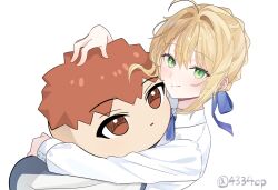  1girl :t ahoge artoria_pendragon_(fate) blonde_hair blue_ribbon blush braid braided_base bun_with_braided_base character_doll chibigurumi closed_mouth collared_shirt commentary_request doll emiya_shirou fate/stay_night fate_(series) green_eyes hair_between_eyes hair_bun hair_ribbon highres holding hugging_doll hugging_object long_sleeves looking_at_viewer neck_ribbon ribbon saber_(fate) shirt short_hair sidelocks simple_background smile solo twitter_username upper_body white_background white_shirt yomi_46neko 