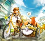  ! 1girl bicycle blue_eyes boots brown_hair egg hat highres knee_boots pokemon pokemon_(creature) pokemon_(game) pokemon_breeder_(pokemon) sa-dui short_hair sidecar talonflame 