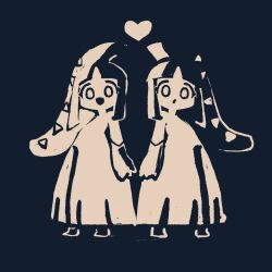  2girls arm_at_side big_hair blending blue_background blunt_bangs commentary dated_commentary extra_mouth flat_chest full_body happy heart highres long_hair looking_at_viewer mawile monochrome multiple_girls nanami_marron open_mouth pokemon pokemon_(creature) ponytail sharp_teeth sidelocks simple_background smile standing symmetry teeth wide-eyed 