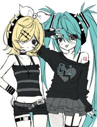  aqua_hair asymmetrical_legwear belt belt_buckle black_shorts blonde_hair bow broken_heart_print buckle camisole collar colored_skin commentary cross cross_necklace emo_fashion grey_belt grey_skirt hair_bow hair_ornament hair_over_one_eye hairclip hatsune_miku highres hip_bones jewelry kagamine_rin mismatched_legwear necklace number_print number_tattoo parallel_hairclips print_sweater short_shorts shorts simple_background sketch skirt skull_hair_ornament spaghetti_strap spiked_collar spiked_headphones spikes sweater t_shoten_t tattoo thigh_belt thigh_strap twintails unfinished v vocaloid white_background white_bow white_skin 