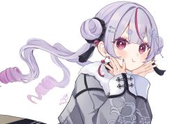  1girl :t black_skirt closed_mouth commentary_request double_bun gradient_hair grey_hair grey_jacket hair_bun hands_up highres jacket long_hair long_sleeves looking_at_viewer multicolored_hair multicolored_nails nail_polish pink_hair pout purple_hair purple_nails red_eyes ringlets rino_cnc short_eyebrows signature simple_background skirt sleeves_past_wrists solo streaked_hair thick_eyebrows tosaki_mimi twintails twitter_username very_long_hair virtual_youtuber vspo! wavy_mouth white_background white_nails 