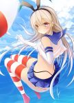  1girl black_panties blonde_hair bubble crop_top elbow_gloves gloves hairband highres kantai_collection long_hair looking_at_viewer netarou panties personification shimakaze_(kantai_collection) sky smile solo striped striped_legwear thighhighs underwear white_gloves 