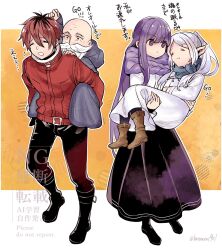  2boys 2girls :3 bald beard black_boots black_pants black_pantyhose black_roots black_skirt boots border brown_boots carrying closed_eyes coat commentary_request elf facial_hair fern_(sousou_no_frieren) frieren full_body grey_robe grey_scarf hair_between_eyes hair_ornament hairclip half_updo hand_on_another's_shoulder hand_up highres hime_cut himmel_(sousou_no_frieren) jacket long_coat long_hair mole mole_under_eye multiple_boys multiple_girls mustache nanahachi_77889 old old_man orange_background pants pantyhose parted_bangs parted_lips piggyback pointy_ears princess_carry purple_hair purple_scarf red_coat red_hair robe scarf short_hair sidelocks skirt sousou_no_frieren stark_(sousou_no_frieren) sweatdrop teeth thick_eyebrows twintails twitter_username violet_eyes white_border white_coat white_hair white_jacket winter_clothes 