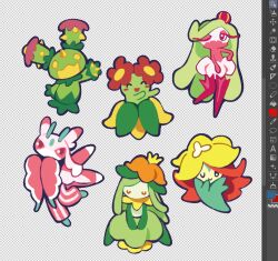  1other 4girls :3 :d ^_^ antennae art_program_in_frame arthropod_girl bellossom cactus closed_eyes commentary crown dancing english_commentary eyeshadow fake_transparency flower furry furry_female gossifleur green_hair hair_flower hair_ornament hand_on_own_hip highres leaf_skirt lilligant long_eyelashes long_hair lurantis makeup mantis_girl maractus mini_crown monster_girl multiple_girls one_eye_closed orange_flower outstretched_arm pink_eyes pink_eyeshadow plant_girl pokemon pokemon_(creature) pokemon_focus red_flower red_hair smile stachitze tsareena u_u very_long_hair 