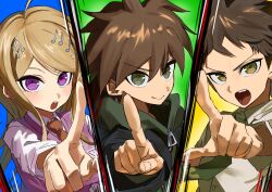  1girl 2boys :> :o absurdres ahoge akamatsu_kaede amaruru0723 black_jacket blonde_hair blush brown_eyes brown_hair closed_mouth collared_shirt commentary danganronpa:_trigger_happy_havoc danganronpa_(series) danganronpa_2:_goodbye_despair danganronpa_v3:_killing_harmony eyelashes green_eyes green_hoodie green_necktie hair_ornament highres hinata_hajime hood hood_down hoodie index_finger_raised jacket long_hair long_sleeves multiple_boys musical_note musical_note_hair_ornament naegi_makoto necktie open_mouth pointing purple_sweater red_necktie ringed_eyes shirt short_hair smile sweater teeth upper_teeth_only violet_eyes white_shirt 