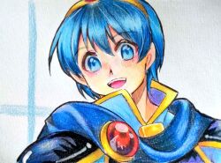  1boy blue_eyes blue_hair colored_pencil_(medium) commentary_request fire_emblem fire_emblem:_mystery_of_the_emblem looking_at_viewer male_focus marth_(fire_emblem) open_mouth photo_(medium) short_hair smile solo teeth tiara traditional_media tukiusagi3383 upper_teeth_only 