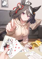  2girls absurdres ahoge animal_ears bag_of_chips black_hair black_shorts blush breasts card chips_(food) closed_mouth commentary couch eight_of_diamonds_(playing_card) five_of_clubs food gold_ship_(umamusume) hair_between_eyes highres holding holding_card hood hood_down hoodie horse_ears horse_girl horse_tail indoors kitasan_black_(umamusume) long_sleeves looking_at_viewer medium_breasts multicolored_hair multiple_girls old_maid playing_card potato_chips red_eyes satono_diamond_(umamusume) seven_of_hearts short_hair shorts smile solo_focus streaked_hair sunny_(20597521) sweatdrop tail umamusume untranslatable_commentary white_hair white_hoodie 