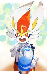  blush bottle bright_pupils cinderace commentary_request highres holding holding_bottle multicolored_fur open_mouth orange_eyes pokemon pokemon_(creature) red_fur solo teeth upper_teeth_only water_bottle white_fur white_pupils zl0dly5r0i35858 