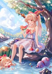  2girls absurdres afloat alternate_costume ball_and_chain_restraint blonde_hair blue_sky blush bow bowtie brown_horns chain cherry clone closed_eyes clouds commentary_request day dress eating flower flower_request food fruit gourd hair_bow highres horn_flower horn_ornament horn_ribbon horns ibuki_suika multiple_girls oni open_mouth outdoors red_bow red_bowtie rhea_(156latte) ribbon sitting sky sleeveless sleeveless_dress smile soaking_feet stream sunflower touhou tree water watermelon watermelon_slice white_dress white_flower yellow_eyes yellow_flower 