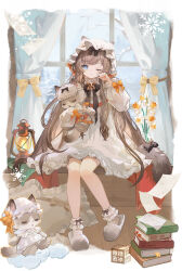  1girl black_bow blue_eyes book bow bow_legwear brown_hair chinese_commentary closed_mouth commentary_request curtains full_body genshin_impact hair_bow hand_up highres indoors issign long_hair long_sleeves looking_at_viewer official_alternate_costume official_alternate_hairstyle one_eye_closed orange_bow paper sandrone_(genshin_impact) sandrone_(the_final_gift)_(genshin_impact) sitting slippers socks solo very_long_hair white_slippers white_socks window winter yellow_bow 