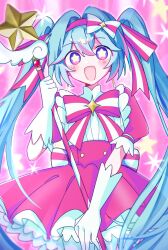  1girl back_bow blue_hair blush bow bowtie breasts commentary_request cowboy_shot double-parted_bangs dress gloves hair_between_eyes hair_bow hairband hatsune_miku high-waist_dress high_collar highres holding holding_wand ima_sugu_rinne_(vocaloid) long_hair misosiru_co multicolored_eyes open_mouth pantyhose pink_background pink_dress pink_hairband puffy_short_sleeves puffy_sleeves short_sleeves sidelocks small_breasts smile solo star-shaped_pupils star_(symbol) star_wand striped_bow striped_bowtie striped_clothes symbol-shaped_pupils twintails two-tone_bow two-tone_bowtie under-elbow_gloves very_long_hair vocaloid wand white_gloves white_pantyhose 