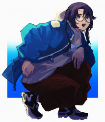  1girl baggy_clothes baggy_pants black_hair blue_eyes blue_jacket commentary_request glasses hand_on_own_knee highres hood hoodie idolmaster idolmaster_shiny_colors jacket long_hair mitsumine_yuika open_mouth pants shoes sneakers solo squatting su_(user_dedw4387) twintails 