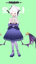  1girl :d black_halo black_horns blue_archive blush bouquet commentary_request demon_horns demon_wings dress earrings elbow_gloves evening_gown facing_viewer floating_earrings flower gloves green_background halo happy hina_(blue_archive) hina_(dress)_(blue_archive) holding holding_bouquet holding_flower horns jewelry korean_commentary korean_text long_hair multiple_horns official_alternate_costume official_alternate_hairstyle pantyhose purple_dress purple_gloves purple_pantyhose purple_wings smile solo strapless strapless_dress white_hair wings zeroku77 
