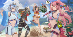  1boy 3girls absurdres anby_demara animal_ear_fluff animal_ears bangboo_(zenless_zone_zero) barcode barcode_tattoo bare_shoulders baseball_bat beach bikini bikini_skirt billy_kid bird black_hair black_shorts blue_sky breasts cat_ears cat_girl crop_top cup dark-skinned_female dark_skin drinking_straw facial_mark fang food forehead_mark forehead_tattoo fruit green_hair grey_hair hands_on_own_head highres holding holding_baseball_bat holding_cup holding_swim_ring humanoid_robot joints lan_xiezi large_breasts long_hair looking_at_viewer metal_baseball_bat midriff mole mole_under_eye multiple_girls navel nekomiya_mana nicole_demara ocean pink_hair pink_nails robot robot_boy robot_joints sand_sculpture short_hair short_shorts shorts skin_fang sky smile swim_ring swimsuit tattoo triangle triangle_facial_mark two_side_up visor_cap watermelon white_hair white_shorts yellow_eyes zenless_zone_zero 