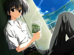  1boy blue_sky blurry bokeh book closed_mouth clouds cloudy_sky collared_shirt day depth_of_field game_asset holding holding_book kagome_(traumatize) looking_at_viewer mamiya_takuji non-web_source official_art on_floor on_rooftop shirt sitting sky smile subarashiki_hibi variant_set visual_novel_cg white_shirt 