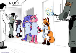  amy_rose black_fur blue_fur camera_pov extra_tails fox furry hedgehog highres holding_hands lab_coat pink_fur quaverdraws shadow_the_hedgehog sonic_(series) sonic_the_hedgehog tails_(sonic) 