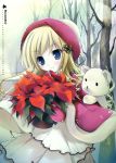  1girl :&lt; absurdres blonde_hair blue_eyes bouquet calendar coat flower hat highres karory snowing stuffed_animal stuffed_toy teddy_bear 