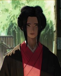  1girl absurdres bamboo bamboo_forest black_hair emma_the_gentle_blade expressionless forest highres iamosix2 japanese_clothes kimono lips looking_at_viewer nature portrait sekiro:_no_defeat sekiro:_shadows_die_twice solo yellow_eyes 