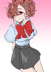  1girl absurdres black_skirt bow breasts brown_hair closed_mouth dx_gosong gekkoukan_high_school_uniform hair_ornament highres large_breasts looking_at_viewer persona persona_3 persona_3_portable red_bow red_eyes school_uniform shiomi_kotone shirt short_sleeves skirt solo summer_uniform white_shirt 