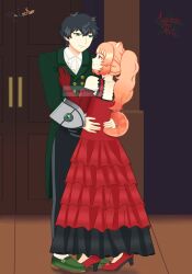 1boy 1girl alternate_costume alternate_hairstyle animal_ear_fluff animal_ears arm_shield ascot ball black_dress black_hair black_pants black_shoes closed_mouth collared_shirt commentary dress elbow_gloves english_commentary fanfiction_available frilled_dress frills gloves green_eyes green_jacket green_shoes high_heels highres hug indoors iwatani_naofumi jacket legendary_shield_(small_shield)_(tate_no_yuusha_no_nariagari) legendary_shield_(tate_no_yuusha_no_nariagari) long_dress long_hair long_sleeves looking_at_another malockser messy_hair multicolored_shoes pants parted_lips ponytail raccoon_ears raccoon_girl raccoon_tail raphtalia red_dress red_eyes red_gloves red_shoes shirt shoes short_hair sleeveless sleeveless_dress smile socks tail tanuki tate_no_yuusha_no_nariagari two-tone_dress two-tone_shoes variant_set white_ascot white_shirt white_socks 
