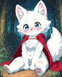  aged_down ai-generated animal_ears bamboo bamboo_forest blue_eyes blush cape confused eyelashes forest fox_ears fox_girl fox_tail furry hungry looking_at_another nature navel non-web_source on_ground outdoors pawpads red_cape smile tail white_hair 