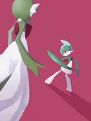  1boy 1girl arm_blade bob_cut colored_skin commentary_request dress gallade gardevoir green_hair green_skin highres hotarubi_(bugkhdu) multicolored_skin pink_background pokemon pokemon_(creature) simple_background two-tone_skin weapon white_dress white_skin 