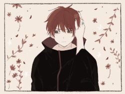  2boys akatsuki_uniform black_border black_nails blush border brown_eyes commentary_request deidara_(naruto) doll_joints embarrassed flower grey_background jewelry joints looking_down male_focus multiple_boys naruto_(series) naruto_shippuuden red_flower red_hair ring robe sasori_(naruto) short_hair simple_background situ17 