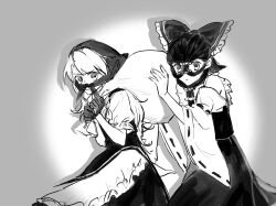  2girls aihara-rina apron bow braid burglar closed_mouth detached_sleeves frilled_bow frilled_hair_tubes frills gloves greyscale hair_bow hair_tubes hakurei_reimu highres holding holding_sack horizontal_spotlight kirisame_marisa long_hair looking_at_viewer mask monochrome multiple_girls puffy_short_sleeves puffy_sleeves ribbon-trimmed_sleeves ribbon_trim sack shadow short_sleeves side_braid single_braid smile spotlight touhou waist_apron 