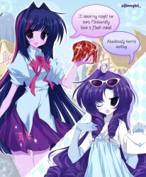  2000s_(style) 2girls :3 :d absolutely_horrid_darling_(meme) animification bag blue_dress blue_eyes blue_gloves blue_hair blue_shirt blush bow bowtie collared_shirt colored_skin commentary cube curly_hair cutie_mark cutie_mark_print dress elbow_gloves english_commentary english_text eyewear_on_head faux_retro_artstyle food gloves hair_intakes handbag highres jelly_(bonnybel) jewelry long_hair meat meme multicolored_hair multiple_girls my_little_pony my_little_pony:_equestria_girls my_little_pony:_friendship_is_magic necklace one_eye_closed pearl_necklace pink_bow pink_bowtie ponyville purple_hair purple_skin purple_skirt rarity_(equestria_girls) rarity_(my_little_pony) ringlets shirt short_sleeves skirt smile speech_bubble streaked_hair sunglasses twilight_sparkle twilight_sparkle_(human) very_long_hair violet_eyes white_bag white_skin 