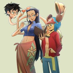  1girl 2boys antlers blue_jacket book commentary cropped_jacket cross cup devil_fruit_power english_commentary extra_arms hair_slicked_back hat highres holding holding_book holding_cup holding_removed_eyewear hood horns jacket long_hair monkey_d._luffy multiple_boys navel nico_robin nylanyl one_piece orange-tinted_eyewear pink_sarong red_shirt reindeer_antlers sarong sash shirt short_hair smile straw_hat tinted_eyewear tony_tony_chopper unworn_eyewear yellow_sash 