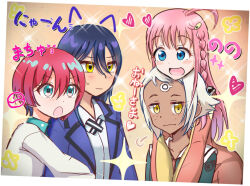  ahoge amate_yuzuriha blue_eyes gainax green_eyes gundam_gquuuuuux heart khara lal'c_mellk_mal machu nono_(top_wo_nerae_2!) nyaan_(gundam_gquuuuuux) pink_hair purple_hair purple_suit red_hair sailor_collar sunrise sunrise_(studio) sweater top_wo_nerae_2! white_hair white_skin yellow_eyes yuri 