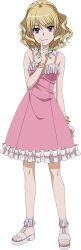  1girl artist_request bare_shoulders blonde_hair bracelet breasts brown_eyes clenched_hand closed_mouth collarbone dress feather_necklace finger_to_mouth frilled_dress frills full_body gokusai_kaibi gold_bracelet hand_up highres jewelry looking_at_viewer medium_breasts medium_hair necklace official_art pink_dress sandals second-party_source shushing simple_background sleeveless sleeveless_dress smile solo standing tachi-e toaru_majutsu_no_index toaru_majutsu_no_index:_old_testament transparent_background white_sandals 