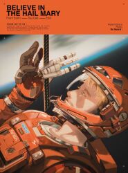  1boy astronaut beard beard_stubble blonde_hair commentary facial_hair galaxy hail_mary_(project_hail_mary) highres in_orbit logo male_focus messy_hair nasa nasa_logo project_hail_mary rocket_ship ryland_grace solo spacecraft spacesuit stubble untranslatable_commentary xlkjfdsa 