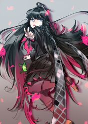  :p absurdres ahoge animal black_hair black_serafuku black_skirt blue_eyes fate/grand_order fate_(series) feet floating foot_out_of_frame frog from_side fujita_ikura full_body gradient_background grey_background grey_scarf highres holding holding_animal holding_frog long_hair looking_back loose_hair_strand oryou_(fate) pantyhose pink_pantyhose plaid_clothes plaid_scarf pleated_skirt scarf school_uniform serafuku skirt straight_hair swept_bangs tongue tongue_out unkempt v very_long_hair wind 