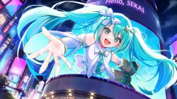  1girl batsu_miku birthday black_shirt breasts chako_(chaaaaa_1001) coat commentary_request detached_sleeves dual_persona hair_ornament hairclip happy_birthday hatsune_miku hello_sekai_(vocaloid) highres hiramado_miku index_finger_raised kowareta_sekai_to_utaenai_miku long_hair looking_at_viewer multiple_girls musical_staff official_alternate_costume official_alternate_hairstyle open_mouth outstretched_arm project_sekai reaching reaching_towards_viewer ribbon shirt skirt sleeveless sleeveless_shirt small_breasts smile solo spoilers thighs transformation triangle twintails vocaloid white_shirt white_sleeves x_hair_ornament 