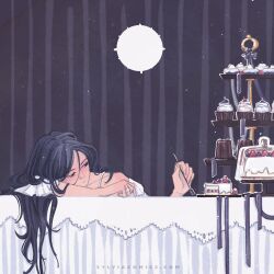  1girl black_hair cake cake_slice closed_mouth commentary cupcake dress food fork highres holding holding_fork jewelry long_hair maybe_kizuna original ring solo tiered_tray white_dress 